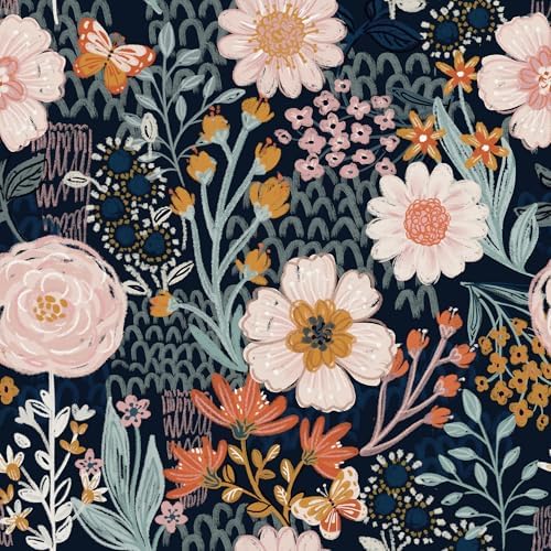 Dark Blue Floral Peel and Stick Wallpaper by Willowix