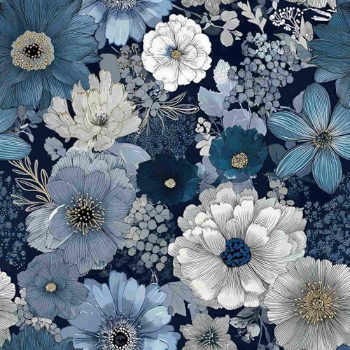 Navy Blue Floral Peel and Stick Wallpaper, Vintage Blue Bloom Wallpaper by Unknown
