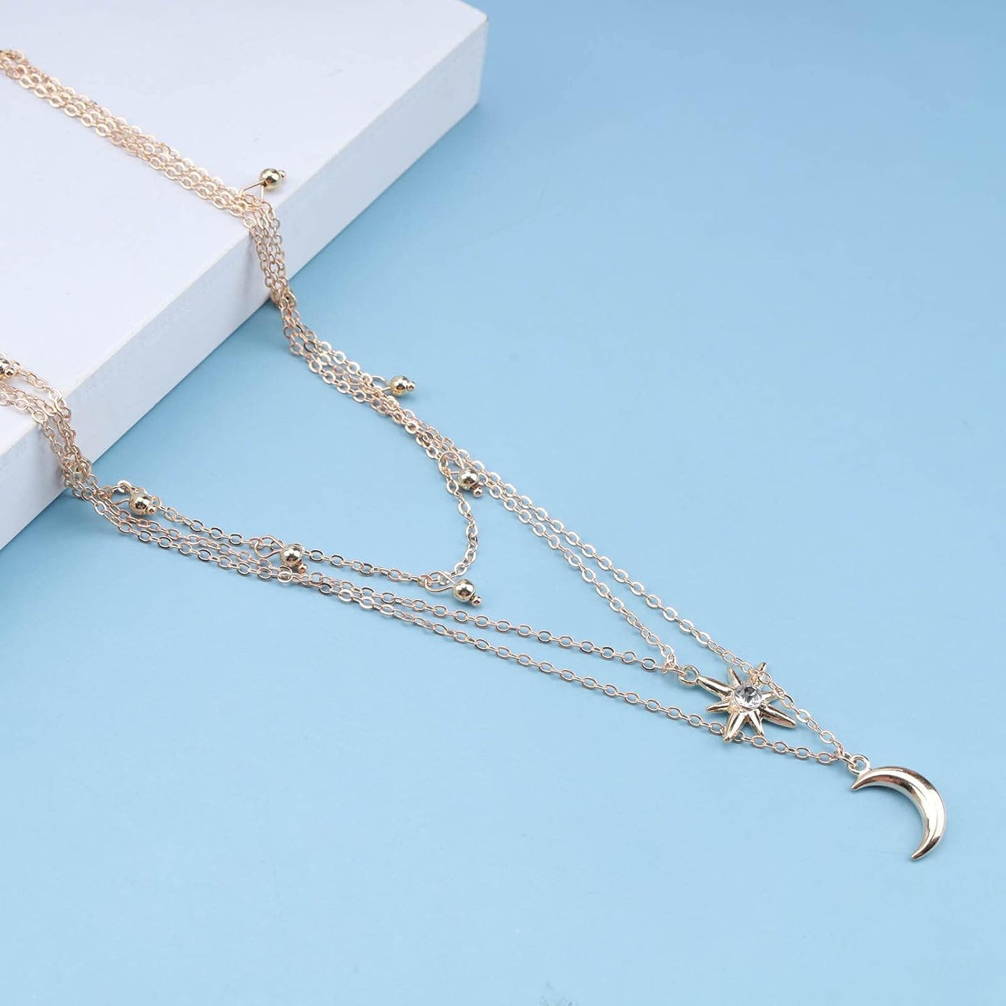 Bohemia Layered Star Choker Necklace Crescent Moon Pendant Necklace Chain Crystal Star Choker Necklace Gold Moon Necklace Jewelry for Women and Girls