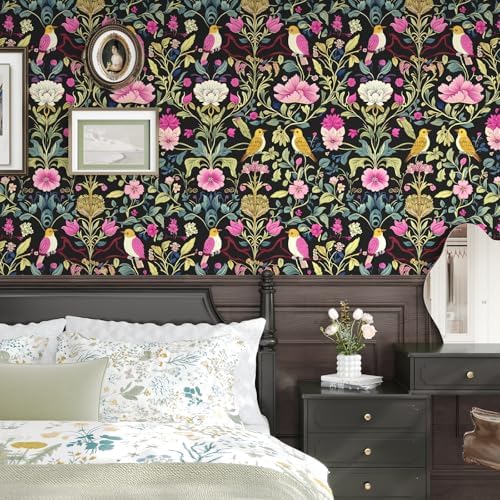 BOKEBEVE Floral Wallpaper Peel and Stick Vintage Black Pink 17.5 x 118In - Image 5