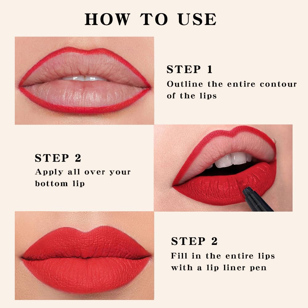evpct Longwear Liquid Lip Liner Stain Marker Pen Long Lasting Waterproof, Ruby Red Matte Semi Permanent 24 Hour Lip Liner and Lipstick Combo, Korean Color Stay Lipliner All Day, Lips Stain peel off