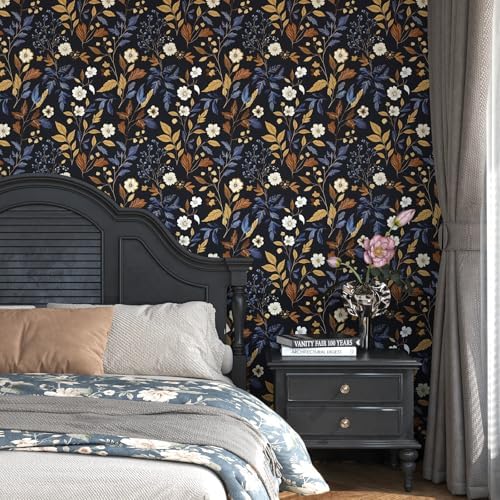 BOKEBEVE Floral Wallpaper Peel and Stick Vintage Blue Gold 17.5 x 393.5In - Image 5