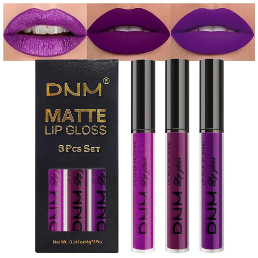 evpct 3Pcs Violet Purple Crystal Metallic Shimmer Glitter Matte Liquid Lipstick Lip Stain Sets for Women Matte+Lipstick Long Lasting Waterproof Permanent 24 Hours Magic Lipstick 24 Hours original