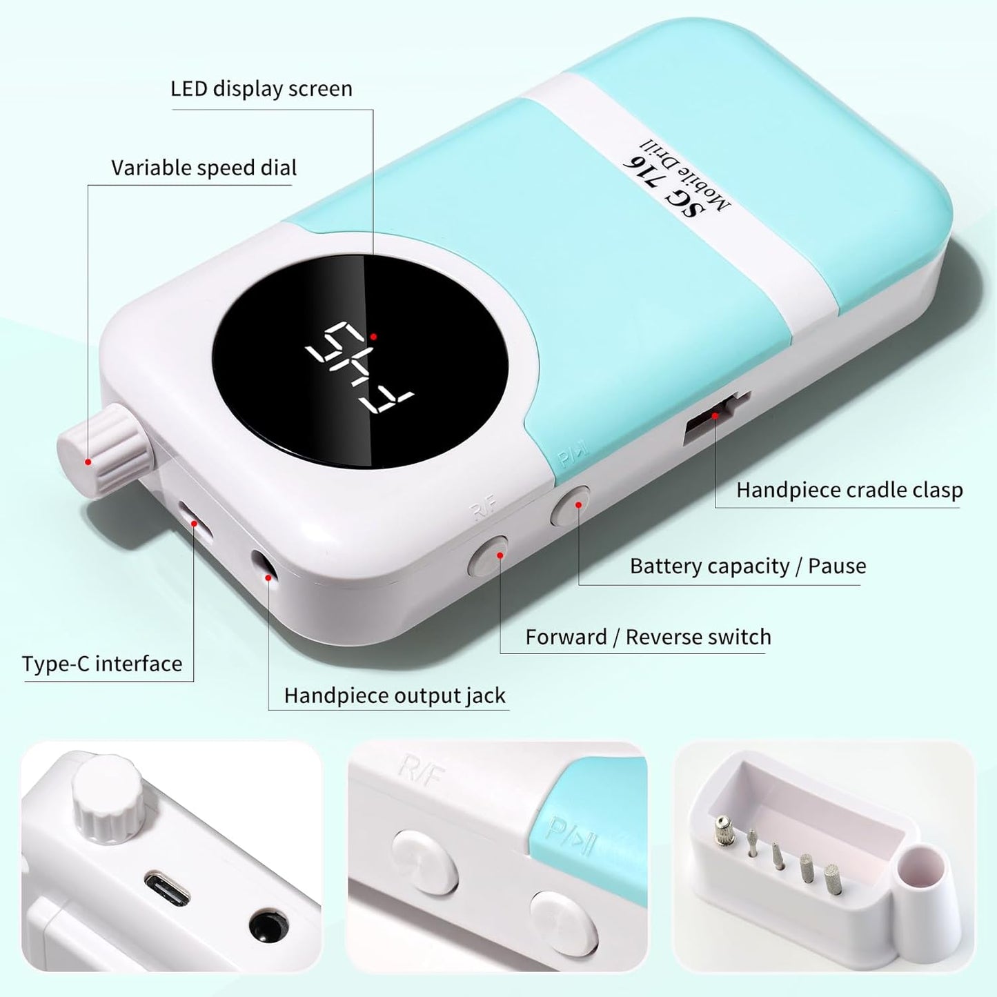 Electric Nail Drill Professional Kit - 45000RPM Electric Nail File Efile Portable Nail Drill Cordless with Bits & Base,E File Machine Nail Grinder for Women (Blue)