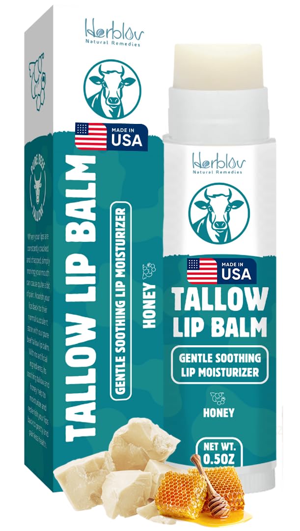 Beef Tallow Lip Balm – Natural Tallow Beeswax Chapstick – Hydrating Moisturizer Grass Fed Bison Tallow Balm Lip Care – Soothes Chapped, Dry Lips, Sensitive Skin – Long Lasting & Vitamin Rich USA-Made