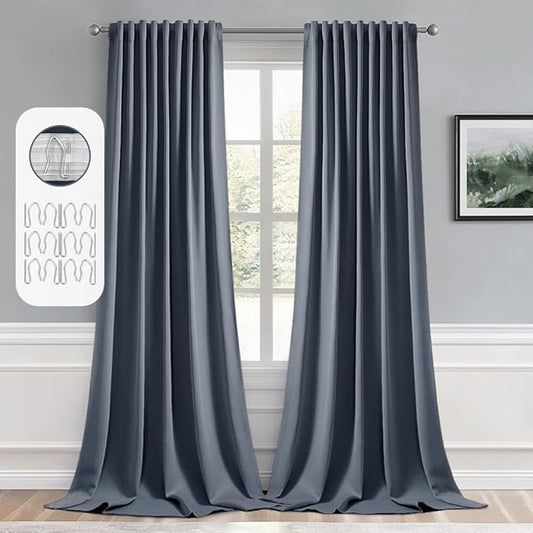 MIULEE Stone Blue Back Tab Blackout Curtains 120 Inch Long 2 Panels Set by MIULEE