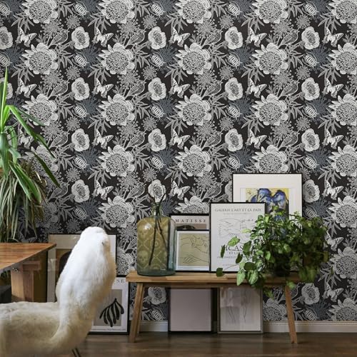 FLFK Peel and Stick Wallpaper Floral Birds Black Wallpaper 16" x 256" - Image 6
