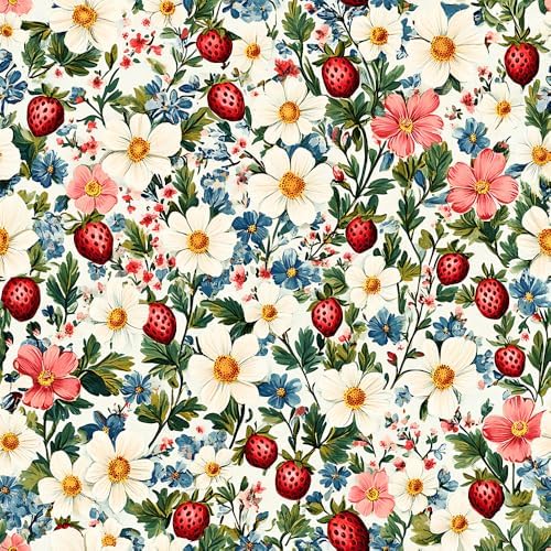 MuralPeel Vintage White Red Green Wildflower Straberry Flowers Peel and Stick by MuralPeel