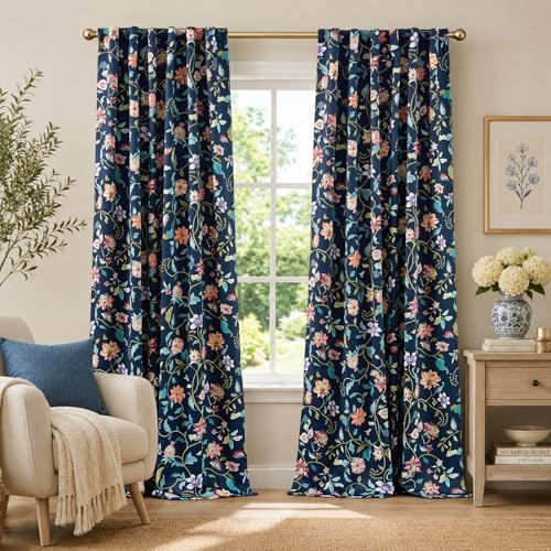 jinchan Dark Blue Floral Blackout Curtains 96 Inch Back Tab 2 Panels by JINCHAN