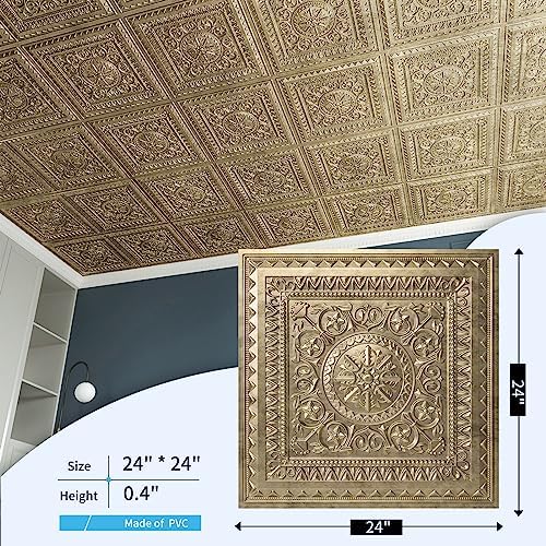 Art3d 12-Pack PVC Drop Ceiling Tiles, 2 x 2 ft, Antique Gold - Image 4
