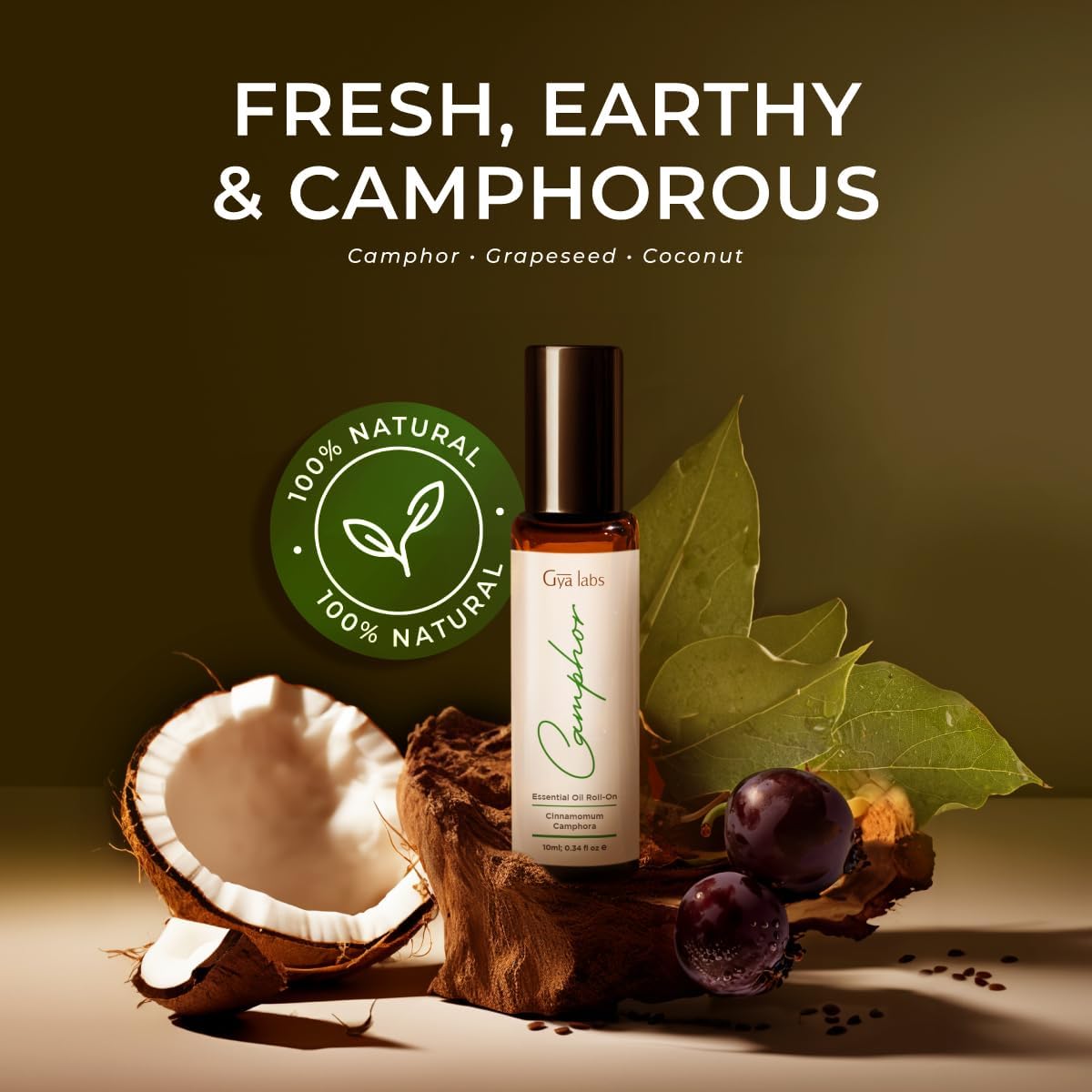 Gya Labs Camphor Essential Oil Roll on - Soothing Chest Rub Aromatherapy, 100% Pure Natural Camphor Oil Roller, Travel Size (0.34 Fl Oz)