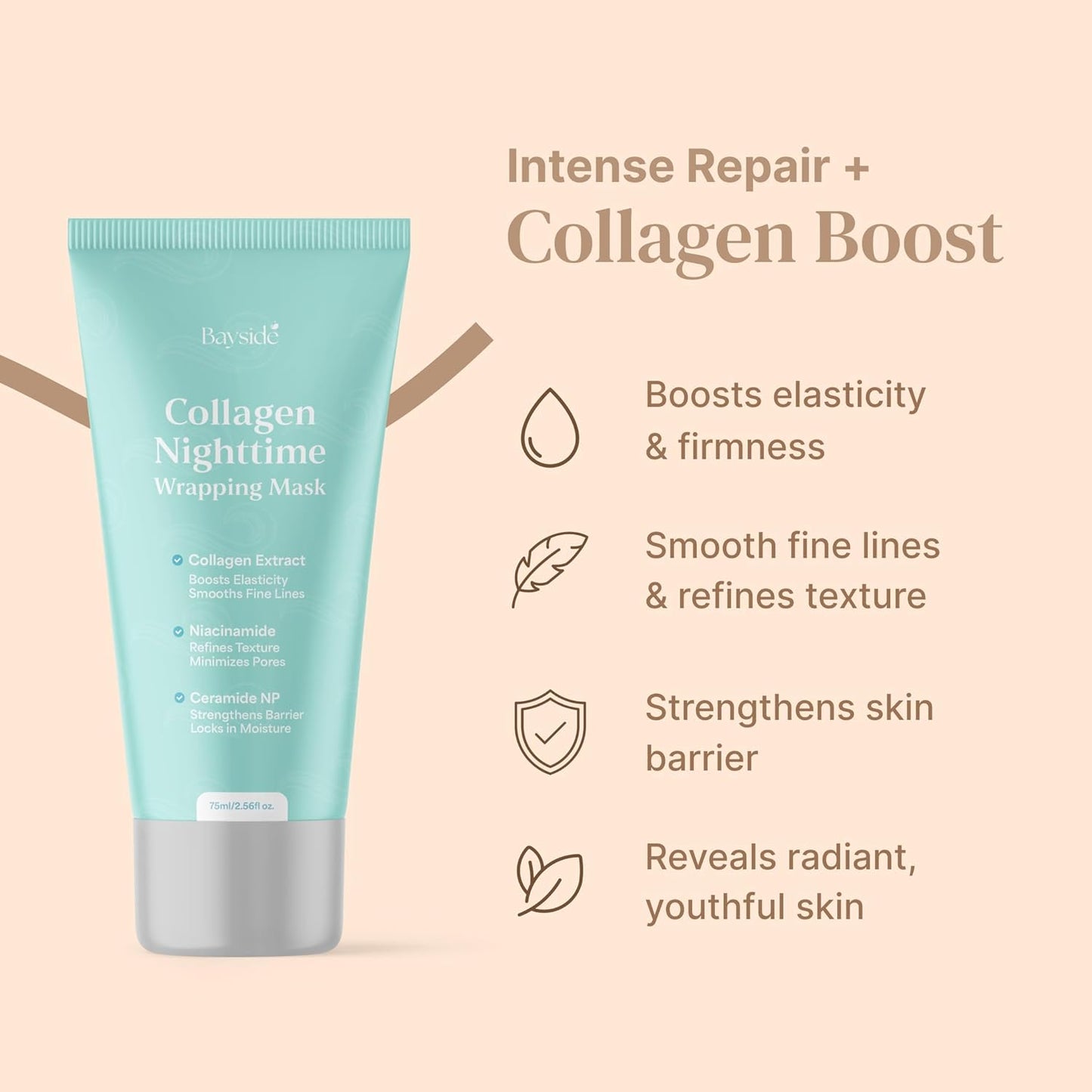 Bayside Collagen Nighttime Wrapping Mask | Overnight Face Mask with Collagen, Niacinamide & Ceramide NP | Hydrating Peel Off Face Mask for Firm, Smooth & Radiant Skin | Facial Skincare for Women, 75ml