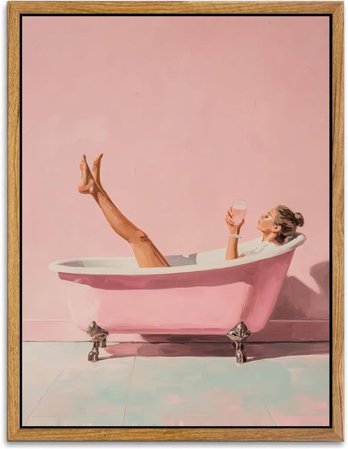AtterrirArt Framed Pink Bathroom Wall Art, 12 * 16inch, Minimalist Bathtub by AtterrirArt