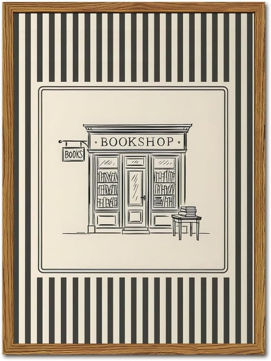 Vintage Striped Bookshop Wall Art, Retro Black and White Pictures Wall Decor by YYNISPINWallArt