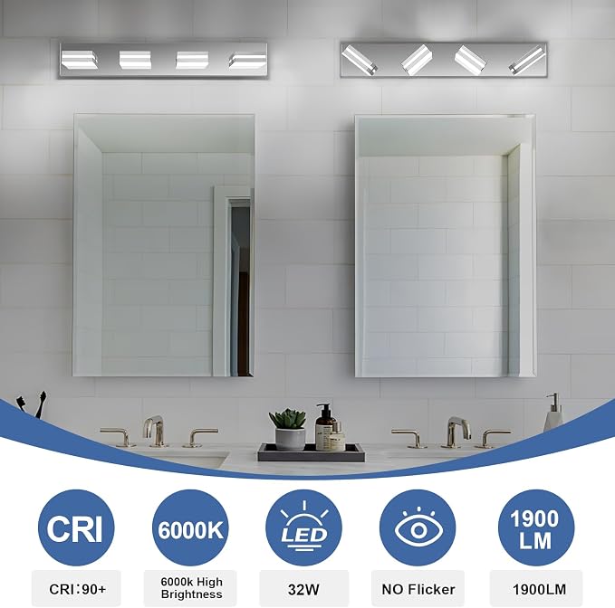 Modern LED Bathroom Lights Fixtures 4-Light, Stainless Steel Chrome Acrylic - Image 5