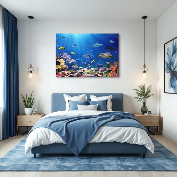 DUOHUTRA Sea Turtle Canvas Wall Art Colorful Fish Coral Painting Blue Ocean - Image 3