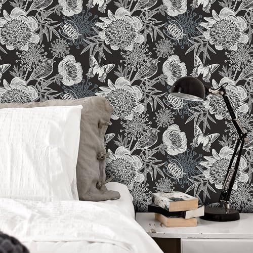 FLFK Peel and Stick Wallpaper Floral Birds Black Wallpaper 16" x 256" - Image 4