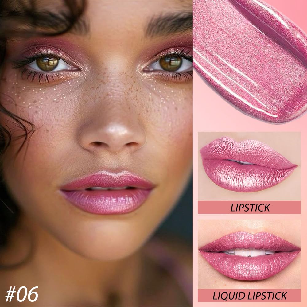 evpct 2 in 1 Rose Pink Glitter Metallic Shimmer Diamond Lipstick and Lip Gloss Set for Women Long Lasting Waterproof, Baby Nude Pink Sparkle Glitter Shiny Lipstick and Lip Liner Makeup Set, 06#