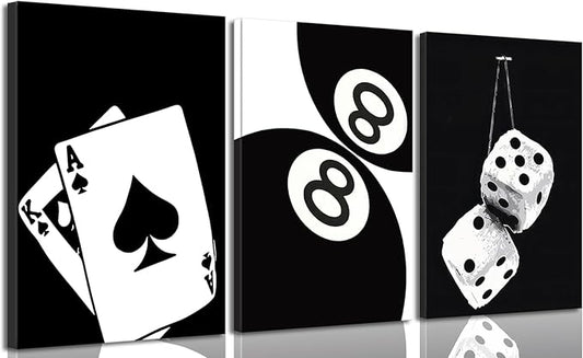 BOKPEN 3Pcs Black and White Poker Dice Canvas Wall Art Lucky You Poster Prints by bokpen