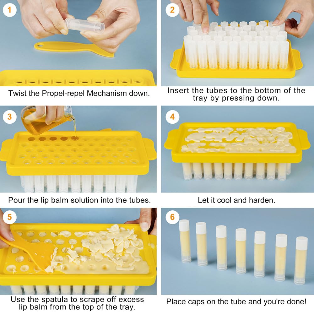 LotFancy Lip Balm Tubes with Filling Tray and Spatula, 50Pcs 5.5ml (3/16 Oz) Clear Lip Balm Containers with White Caps, BPA Free & Leak Free