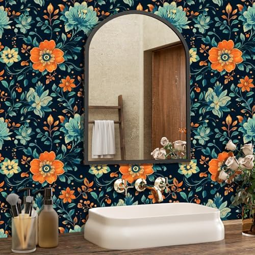 BOKEBEVE Vintage Floral Wallpaper Peel and Stick Blue Orange 17.5 x 118In - Image 4