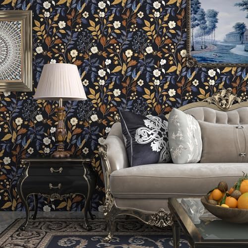 BOKEBEVE Floral Wallpaper Peel and Stick Vintage Blue Gold 17.5 x 393.5In - Image 3