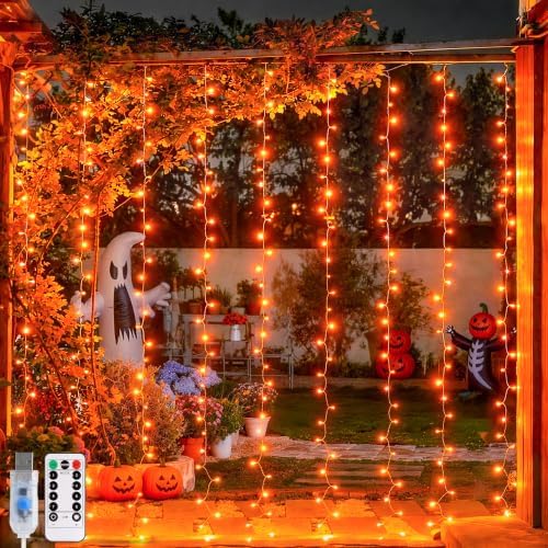 JMEXSUSS Orange Curtain Lights for Halloween, USB Plug in, 200 LED by JMEXSUSS