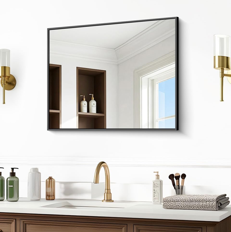 Bathroom Mirror, 30 x 24 inch Metal Framed Black Rectangle Mirror - Image 7