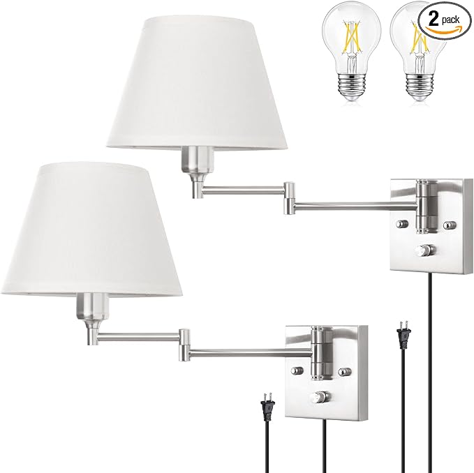 TRLIFE Wall Sconce Plug in, Dimmable Wall Sconces Set of 2 Brushed Nickel Swing by TRLIFE