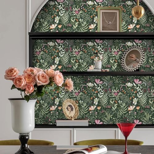 Fititem Green Floral Peel and Stick Wallpaper Boho Dark Vintage 17.3”×591” - Image 6