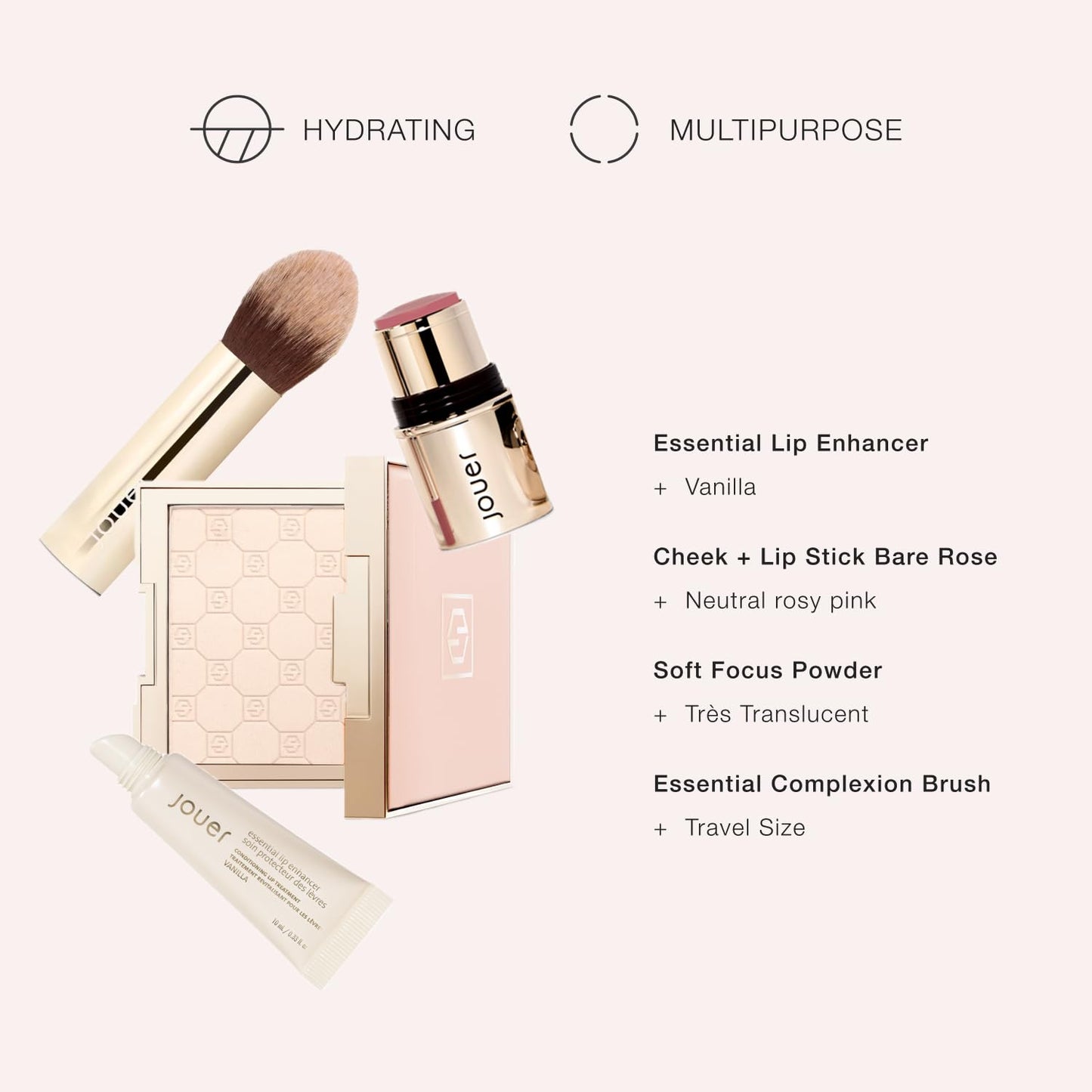 Jouer Les Must-Haves Gift Set - Translucent Setting Powder, Makeup Brush, Cream Blush & Lipstick Stick, and Lip Plumper Makeup Set - Valued at $99