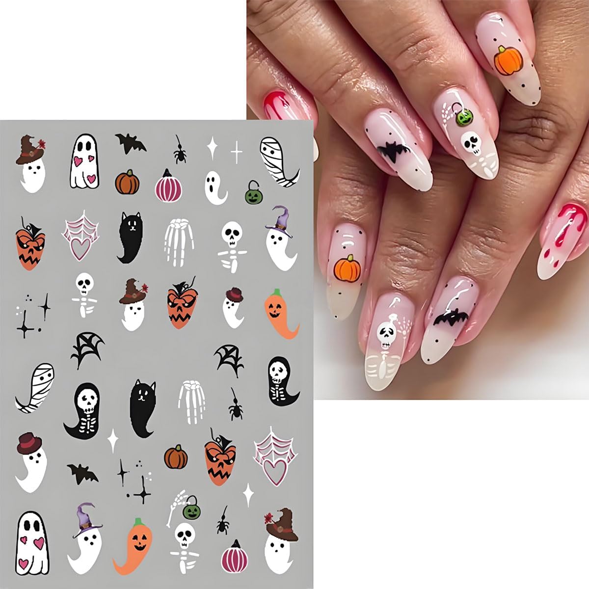 12Pcs Halloween Nail Stickers - 3D Self-Adhesive Halloween Nail Decals - Pink Ghosts Skull Pumpkin Nail Design Decorations for Halloweens DIY Manicure Supplies