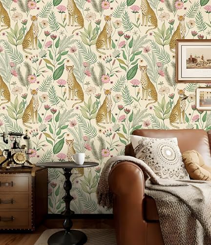 Floralplus Wallpaper Peel and Stick Removable Floral Cheetah Wallpaper Tropical - Image 2