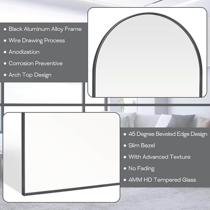 22" x 30" Black Arched Mirror, Arch Wall Mirror, Metal Frame Black Bathroom - Image 3