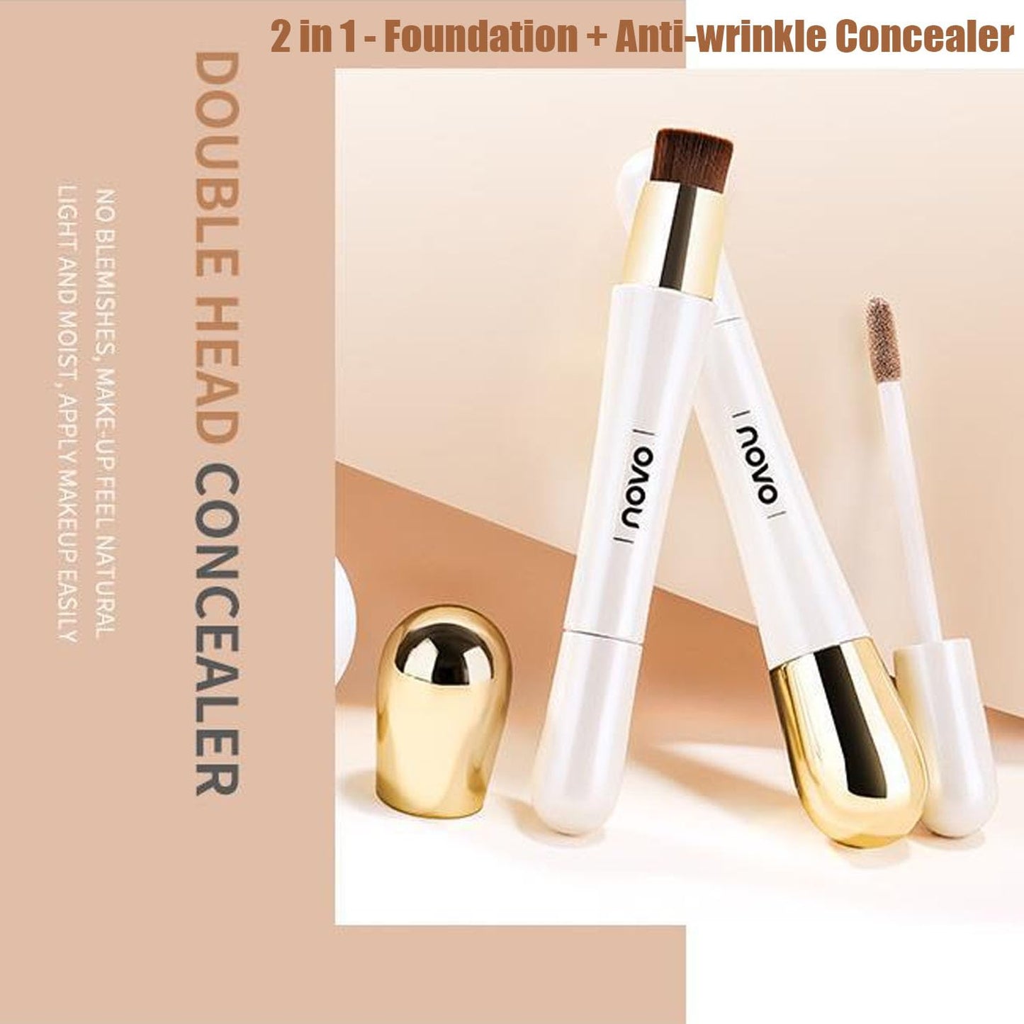 Happyhours 2 in 1 Foundation Anti-Wrinkle Concealer with Built-in Brush, Novo Foundation and Concealer Double Head Makeup Stick, Waterproof Long Lasting Anti-Wrinkle Concealer Foundation (2Pcs-01)