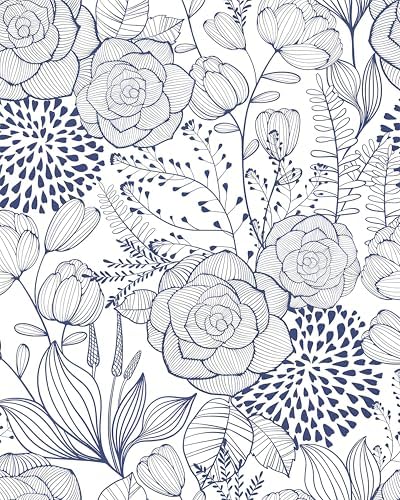Wudnaye Navy Blue and White Floral Peel and Stick Wallpaper 16.9"×78.7" by Wudnaye