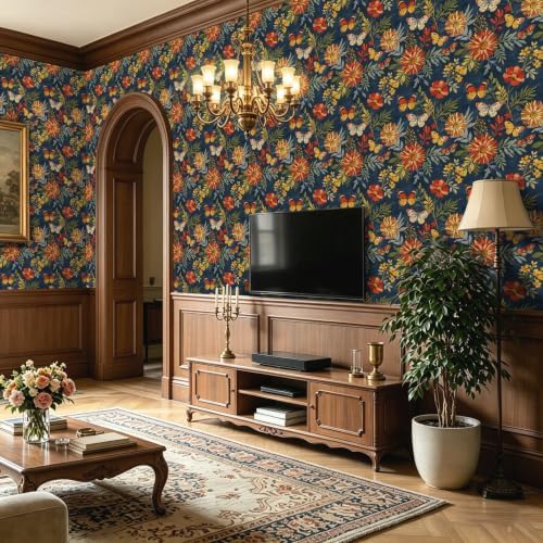 BOKEBEVE Vintage Floral Wallpaper Peel Stick Butterfly Blue 17.5 x 118In - Image 4