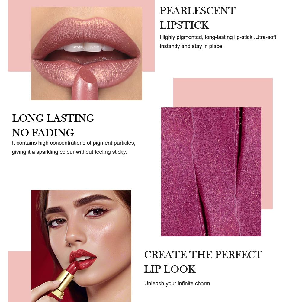 Coral Pink Metallic Lipstick for Women,Lightweight Shimmer Frosted Lipstick,Glitter Lip Gloss Stain Long Lasting Waterproof Smudge Proof 24 Hour Full Coverage Lip Makeup,Vegan
