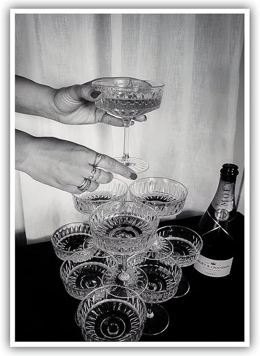 Vintage Champagne Glasses Posters Black and White Wall Art Trendy Wine Decor by Acqooeakt