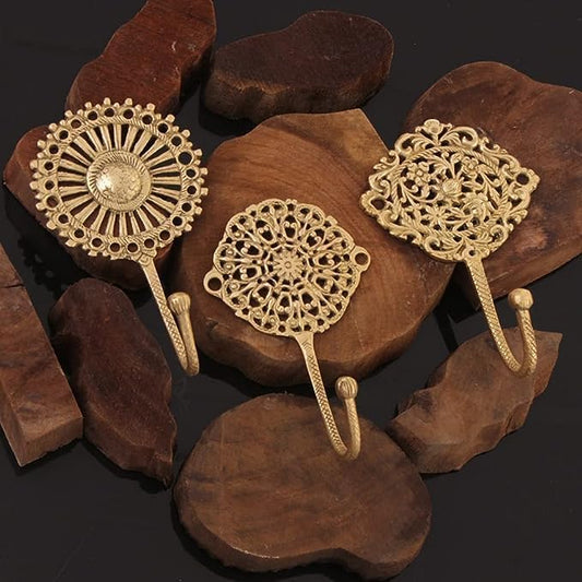 Indian Shelf Set of 3 Solid Brass Boho Wall Hooks by IndianShelf