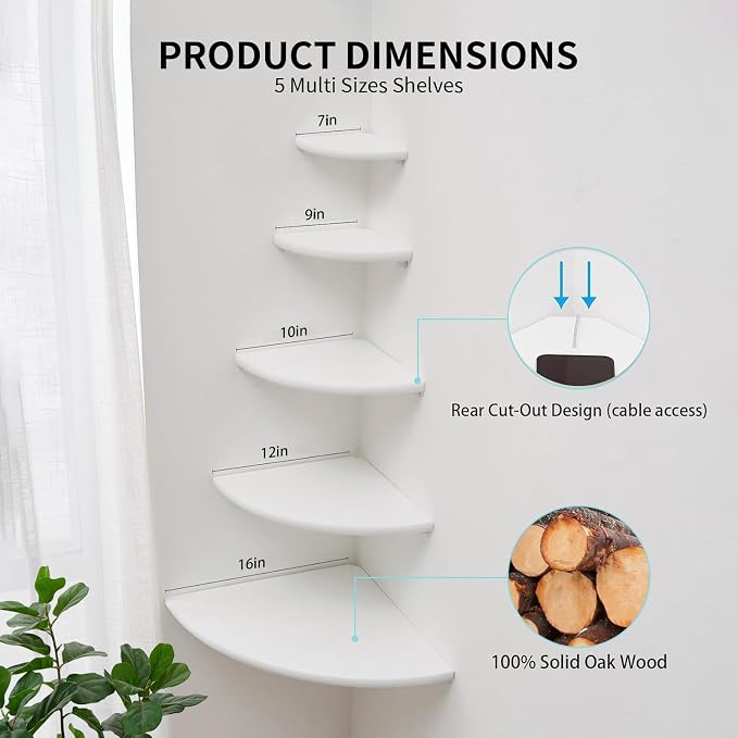 Gieanoo White Corner Wall Shelf 10inch Solid Oak Wood Floating Corner Shelf - Image 6