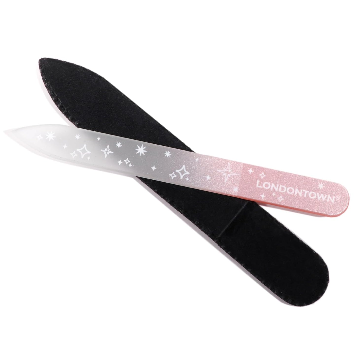 LONDONTOWN Pink Sparkle Double-Sided Glass Nail File & Care Tool, Professional Grit Etched Crystal Manicure Accessory with Case Pouch