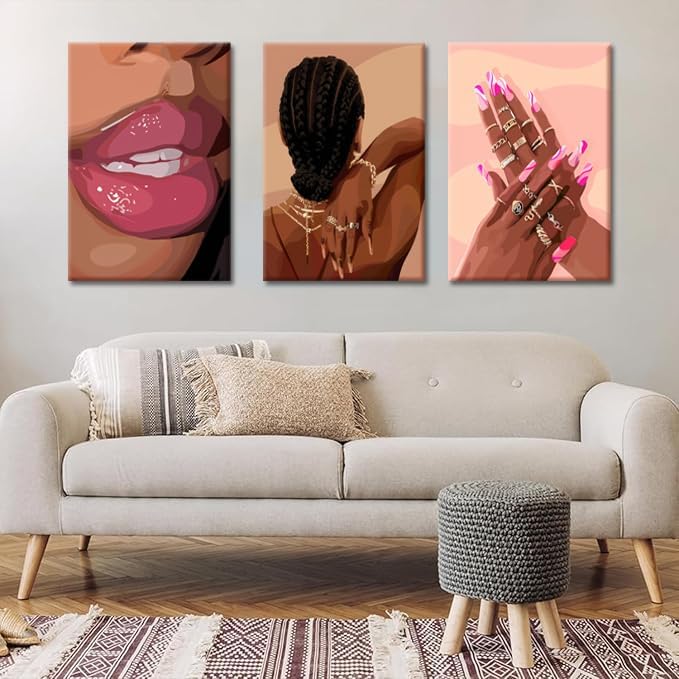 Black Girl Pink Wall Art Set of 3 African American Black Women Canvas Posters - Image 2