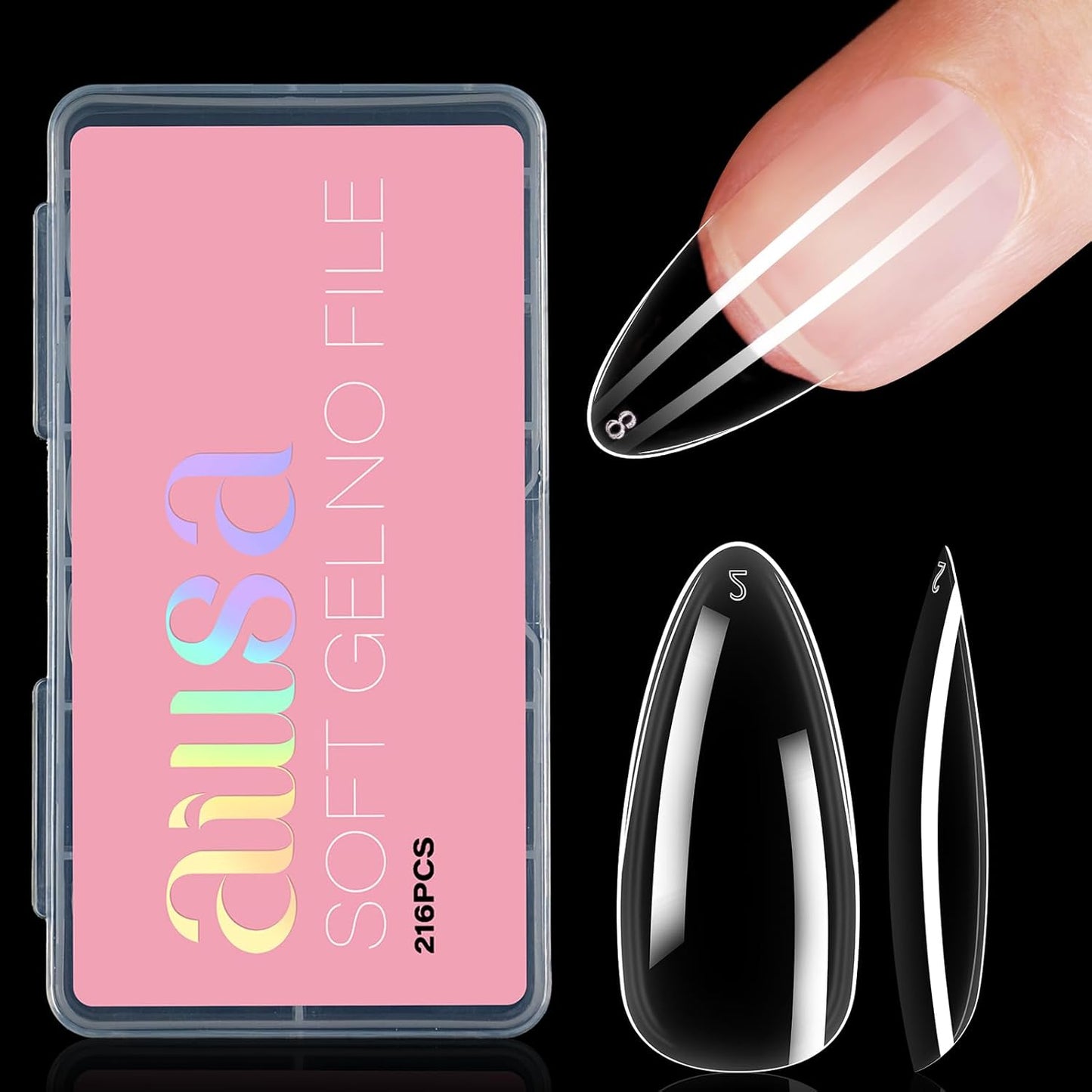 AILLSA Medium Almond Nail Tips Soft Clear Gel Nails Tips Preshaped Full Cover Nails Tip False Gelly Nail Tip for Nails Extension with Storage Box 216pcs 12 Sizes