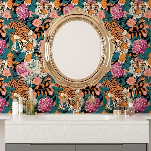 BOKEBEVE Tiger Floral Wallpaper Peel and Stick Vintage Orange 17.5 x 787In - Image 3