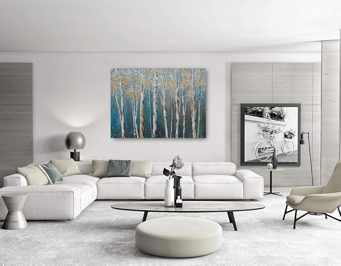 Yihui Arts Birch Tree Canvas Wall Art Hand Painted Teal and White Color Painting - Image 5