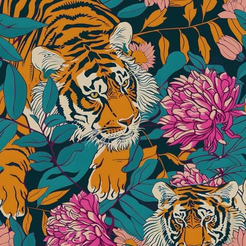 BOKEBEVE Tiger Floral Wallpaper Peel and Stick Vintage Orange 17.5 x 787In by BOKEBEVE