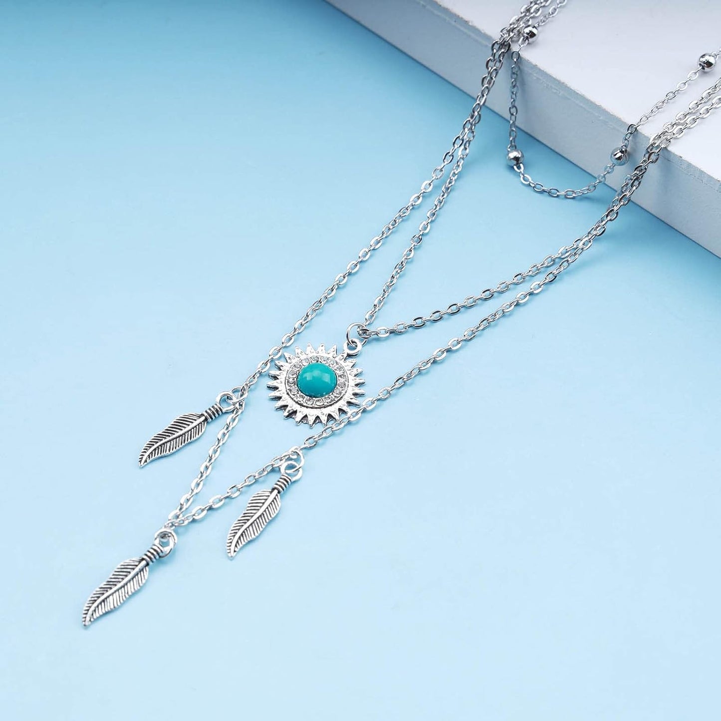 Boho Layered Feather Choker Necklace Turquoise Pendant Necklace Chain Vintage Crystal Paved Sun Necklace Silver Sunflower Necklace Jewelry for Women and Girls