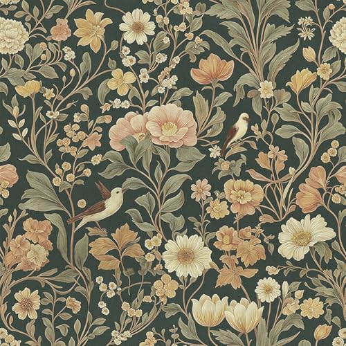 Jeweluck Dark Green Floral Peel and Stick Wallpaper Vintage 16.9" x 196.8" by Jeweluck