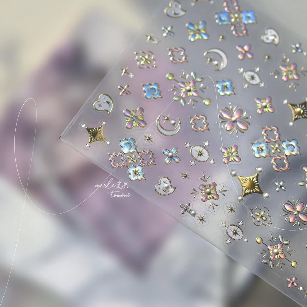 1 Sheet Star Nail Stickers 3D Self-Adhesive Silver Moon Nail Decals 5D Embossed Pink Star Nail Supplies Bohemia Nails Designs New Chinese Style Nails Manicure Accessories for Women